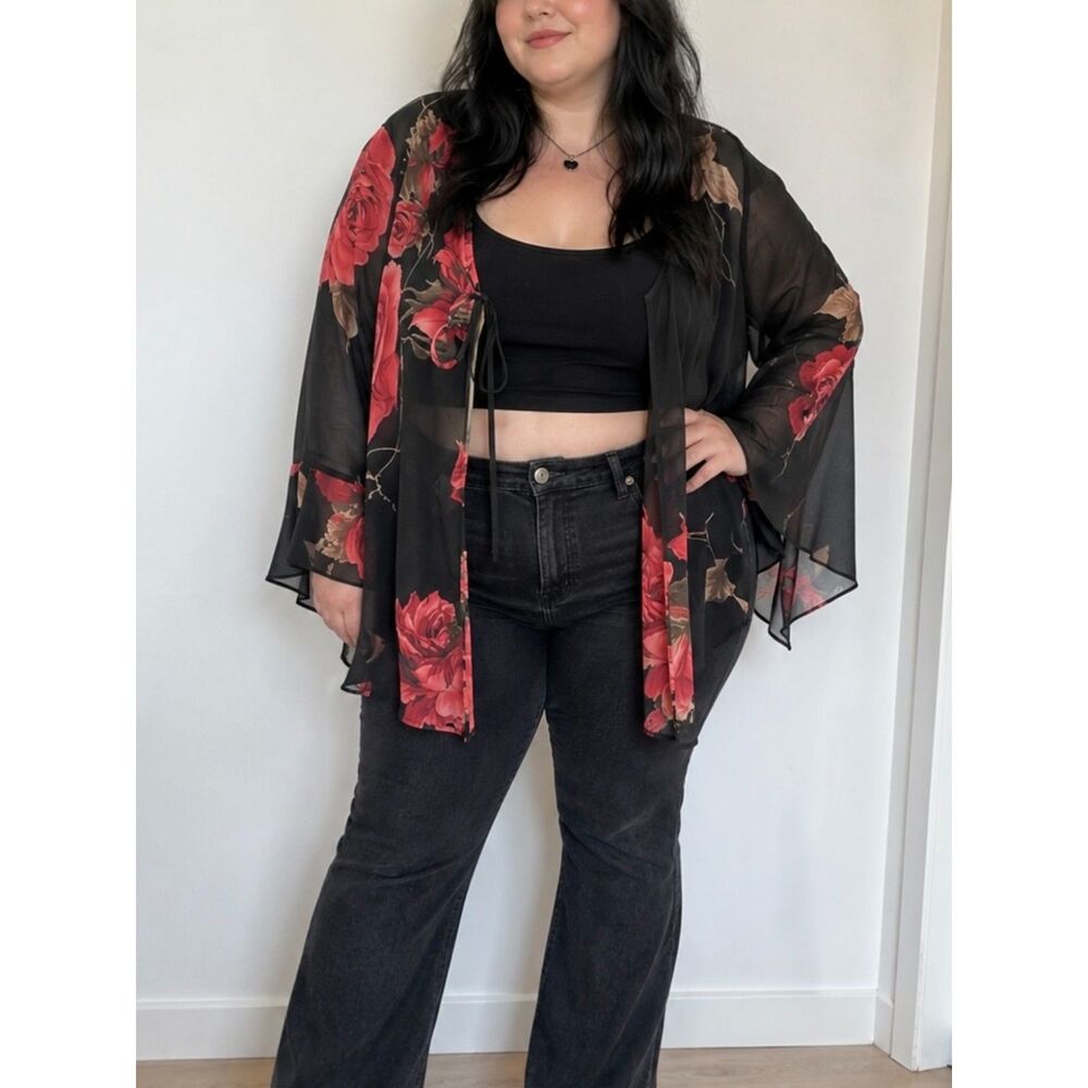 Vintage Y2K 90s Black Sheer Floral Rose Tie-Front Top Cardigan Bolero Goth